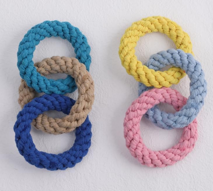 Tri-Color Cotton Rope Triple Ring Dog Chew Toy, Pink-Yellow-Light Blue