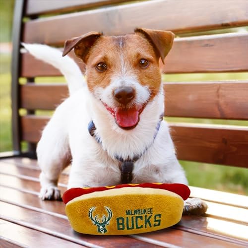 NBA Milwaukee Bucks HOT Dog Plush Dog & CAT Squeak Toy - Cutest HOT-Dog Snack Plush Toy for Dogs & Cats with Inner Squeaker & Beautiful Basketball Team Name/Logo