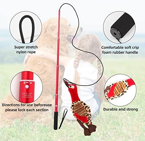 Interactive Dog Toys - Extendable Flirt Pole with 2pcs Squeaky Plush Toy Tugs Red Green for Dog Outdoor Entertainment, Train and Exercise