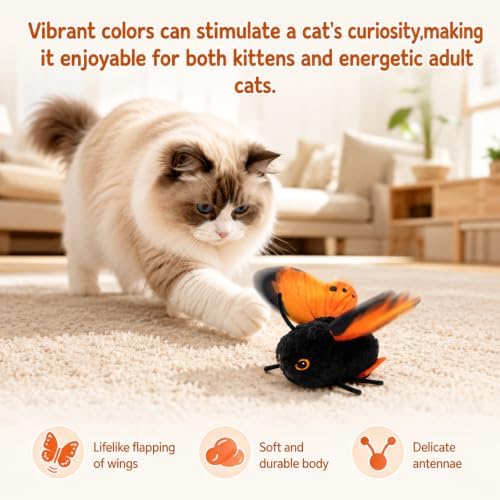 Smart Sensing Flapping Butterfly Toy Interactive Cat, Interactive Butterfly Cat Toy, Realistic Wing Motion, Sensor Triggered, Orange