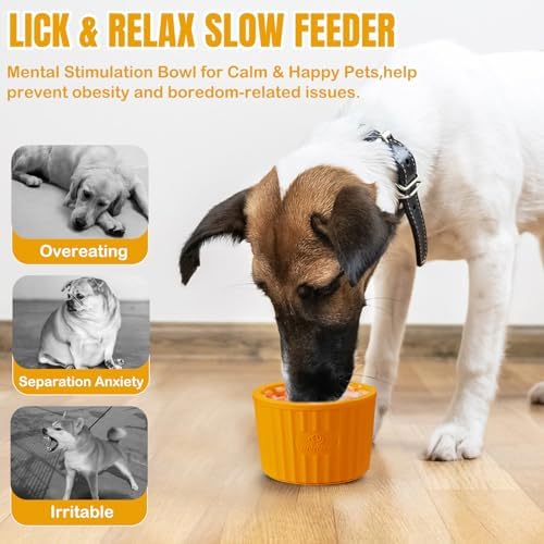 Dog Lick Bowl, Anxiety Relief Dog Licking Mat Freezer Treat Dispenser, Non-Slip Anti-Choking Silicone Slow Feeder Lick Bowl for Small Medium & Large Breed Dogs, BPA Free(Orange,M-L)