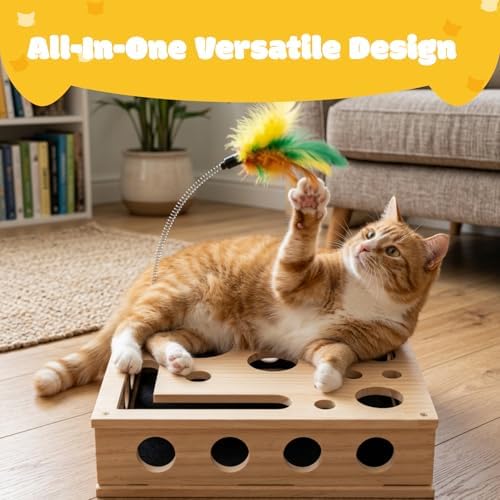 Cat Nail File Box, Solid Wood Cat Scratch Puzzle Enrichment Toy with Built-in Grooming Paper, Interactive Hideaway for Indoor Cats with 3 Bell Balls and Feather Cat Toy (Color: Natural Wood)