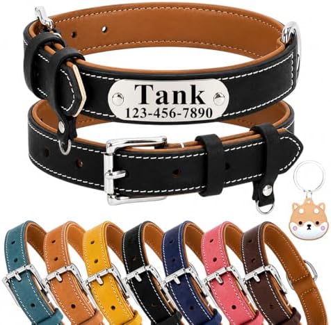 Personalized Genuine Leather Dog Collar with Name Phone Number-Black-XL