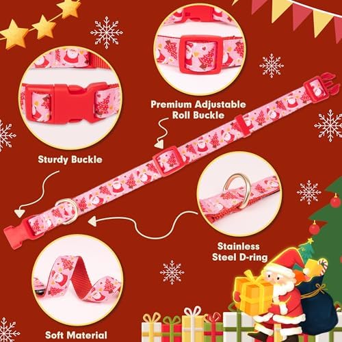 azuza Christmas Dog Collar Santa Print Xmas Dog Collars with Removable Red and Pink Bowtie, Adjustable Dog Collar Accessories for Puppy and Small Dogs