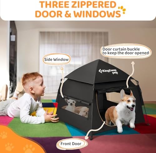 KingCamp Dog Tent, Large Portable Outdoor Indoor Dog House with 600D Oxford Fabric & Dual Layer for Medium Large Dogs, Black, 39.4" x 39.4" x 35.4"
