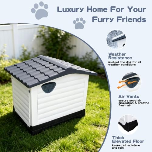 2-Door Small Dog House with Fold-Out Porch and Elevated Base, Gray
