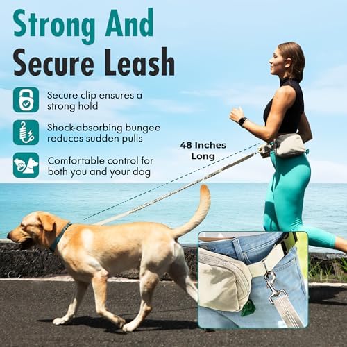 Hands Free Dog Leash with Dog Treat Pouch - Stylish & Trendy Waist Leash for Dog Walking - Wear Around the Waist or Crossbody - Durable & Detachable - Shock Absorbing - Waste Bag Dispenser