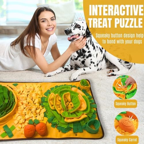 Snuffle Mat for Dogs, Cats and Small Pets, 34"X 19" Large Dog Snuffle Mat with Squeaky Plush Carrot Toy, Interactive Dog Puzzle Mat for Mental Stimulation and Boredom Buster…