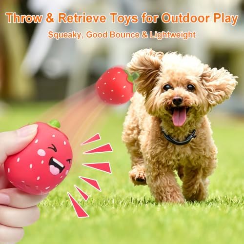 Squeaky Dog Toys Strawberry, Natural Soft Rubber Dog Chew Toys, 2 Inch Interactive Enrichment Fruit Toys for Small Dogs & Puppies of All Teething Stages(6 Pack)