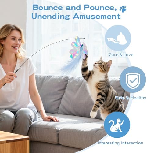 Pawaboo Cat Feather Wand Interactive Toy, 2 Feathers + 1 Wand with Bell