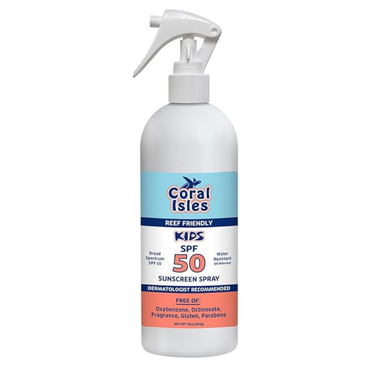 Coral Isles by Rocky Mountain Sunscreen | SPF 50 KIDS Spray | Broad Spectrum UVA/UVB Protection | Hawaii Reef-Safe Act Compliant | Oxybenzone & Octinoxate Free | Water Resistant 80 Min. | 16 Fl Oz