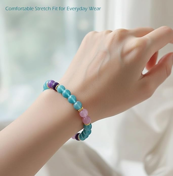 Healing & Serenity Gemstone Bracelet Real Natural Crystal Stretch Bracelet 8mm Amethyst, Lepidolite & Aquamarine Beads for Calm Stress Relief & Emotional Peace