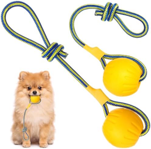 Hsei 2 Pcs 2.8" Dog Rope Toy Ball on Rope Fetch and Tug of War Toy for Dog