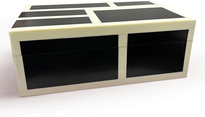 Perilla Home Decorative Wooden Storage Box Black and Off-White (8" l X 5" b X 3" h) Small Keepsake Jewelry Box, Gift Box for Decor Memory Boxs, Modern Art Fabric Storage Bin, Birthday Gift (Magnus)