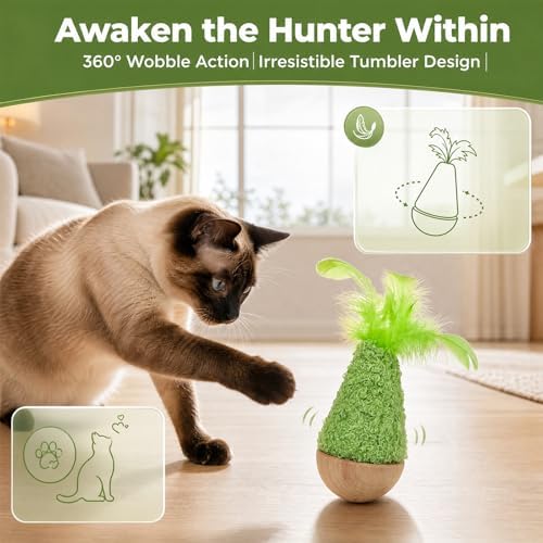 Wooden Wobble Cat Toy for Indoor Kitten, Interactive Tumbler Cat Toy for Small Medium Cats (Green)