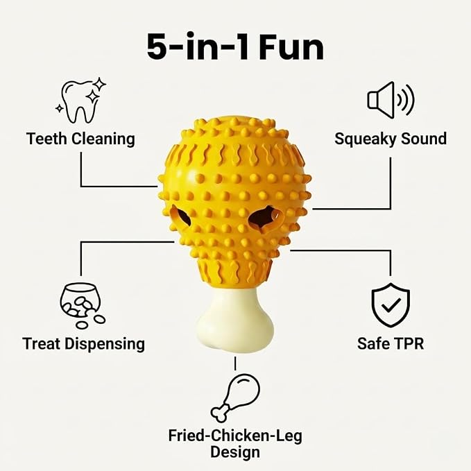 Fried-Chicken-Leg-Shaped Design Squeaky Treat Dispenser | Dog Chew Toys for Aggressive Chewers, TPR Durable Interactive Enrichment Puzzle Toy for Large Medium Breed Dogs