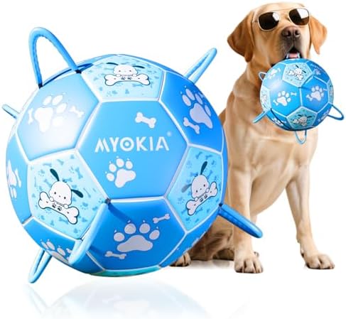 Size 3 Blue Dog Soccer Ball with Straps Eye-Catching Bone and Paw Print Design, Ultra-Durable Training Ball for Pets Interactive Outdoor Dog Toy, Perfect for Medium & Large Puppies