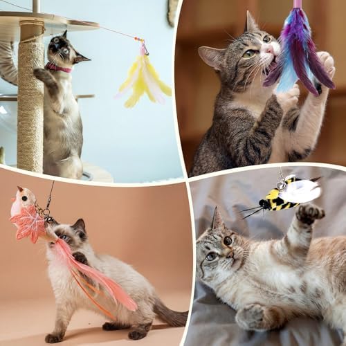 Leitee 30 Pcs Cat Feather Toy Refills, Wand Replacements Bird Insect Mice