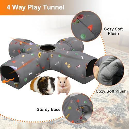 4-Way Small Pet Tunnel with Top Cave, Collapsible Interactive Hideout Tunnel for Hamster, Guinea Pig, Gerbil, Chinchilla, Dwarf Rabbit & Other Small Animals