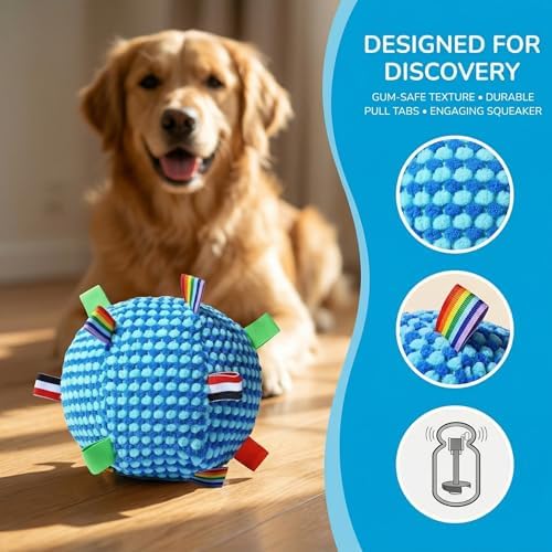 Dog Toys Balls, Interactive Dog Toys Dog Balls with Built-in Bell and Straps, Premium Soft Pet Toys Balls for Small Medium Pets Birthday Gifts, Indoor Outdoor Puppy Toy Ball, Blue (6.7 Inch)