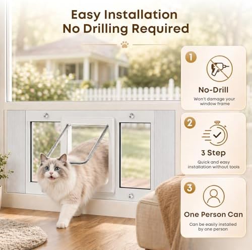 Cat Door for Window, Adjustable 31"-36", 4 Locking Modes + Extra Security Lock for Outside Safety, Window Pet Door with Magnetic Self-Closing, No-Drill Installation, Weatherproof Aluminum Frame Insert