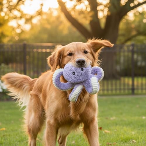 Linzy Plush Octopus Dog Toy, Soft Crinkle Squeaky Chew Toy for Small Medium Large Dogs, Purple and White Tentacles, Interactive Pet Toy, 18 Inch