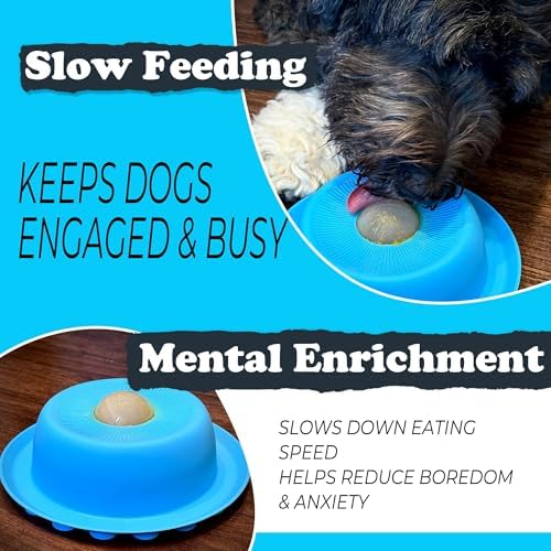 PEDAY Nonslip Dog Slow Feeder Lick Bowl with Ball, Enrichment Toy for Water, Yogurt & Jam, Dishwasher Safe, Blue