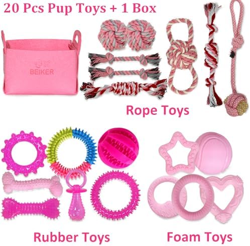 Beiker 20 Pack Pink Puppy Chew Toys, Dog Teething Toys for Puppies | Puppy Teething Rings and Ropes for Small Dogs, Rubber Toy Bundle for Puppy Busy, Cute Interactive Pet Balls for Small Breed
