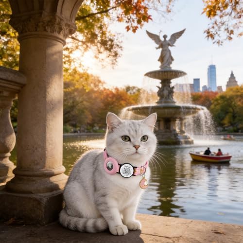 Stars and Moon AirTag Collar with AirTag Holder & Bell,Air Tag Cat Collar for Apple. Solid & Safe, Pet Collar, Breakaway Cat Collar,Smart QR Code Cat ID Tags - Pet Online Profile(Pink)