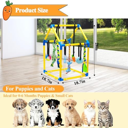 Puppy Play Gym with 8 Hanging Toys, Jungle Gym for Small Dogs & Puppies Indoor Enrichment Playground Interactive Training Activity Center for Teething Chewing,Entertainment Roof Shape