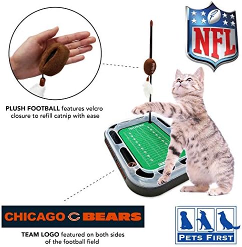 Pets First Cat Scratcher NFL Chicago Bears Football Field CAT Scratcher Toy with Catnip Filled Plush Football Toy & Feather Cat Toy Hanging & Jingle Bell Interactive Ball Cat Chasing 5-in-1 Kitty Toy