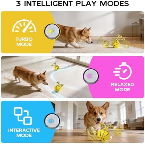Pet Prime Interactive Dog Ball Toy with Rope,Rechargeable Automatic Rolling Ball with Motion Activated,3 Play Modes for Medium/Large Dogs, Self-Moving Toy to Keep Pets Busy and Entertained Yellow