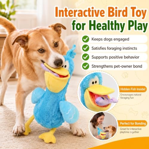 Squeaky Dog Plush Chew Toy Set, Interactive Tug Squeaky Toy for Chewers, Medium&Large Dogs&Fetch Play, 20.5 in Stuffed Bird with Bonus Fish Toy&Treat Storage Beak for Gentle Gum Care & Boredom Relief