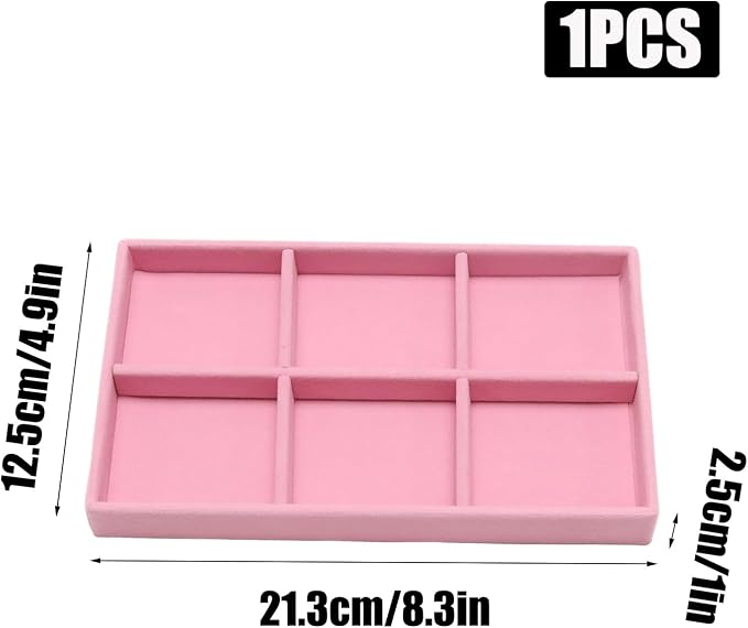 Velvet Jewelry Trays for Drawers, Pink 6 Grids | Stackable Jewelry Drawer Organizer, Earring Necklace Bracelet Holder Organizer Storage Display Tray with Removable Dividers