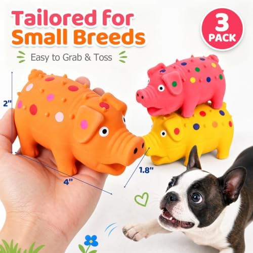 POPLAY 3 PCS Squeaky Latex Grunting Pig Dog Toys, 4 Inch Durable Rubber