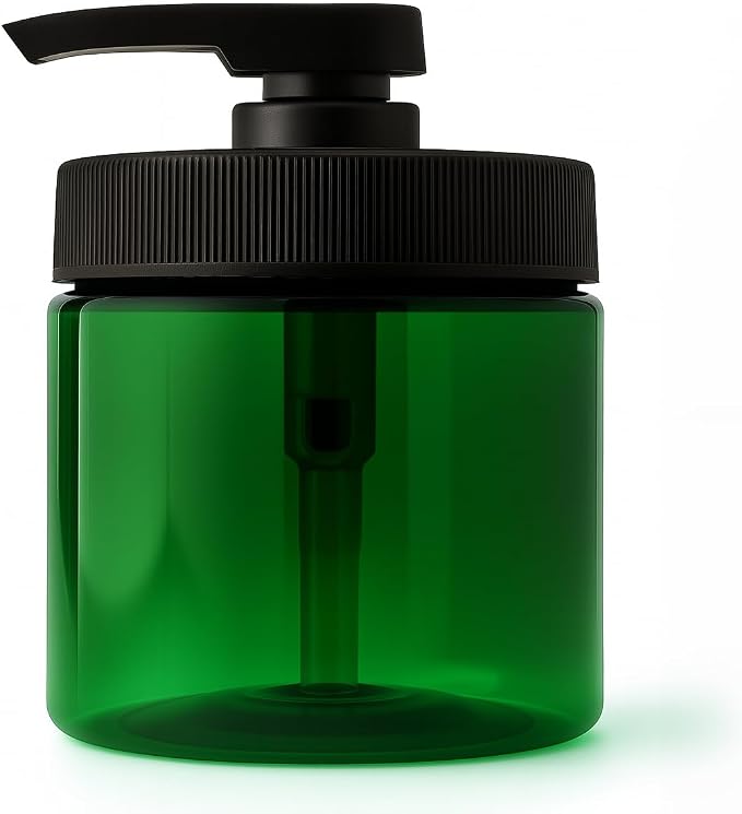 Royal Massage 16oz Refillable Pump Jar with Locking Dip Tube Dispenser – BPA-Free Plastic Container for Massage Oils, Lotions, Creams – Ribbed Lid Wide-Mouth Jar – Durable & Reusable (Green/Black, 3)