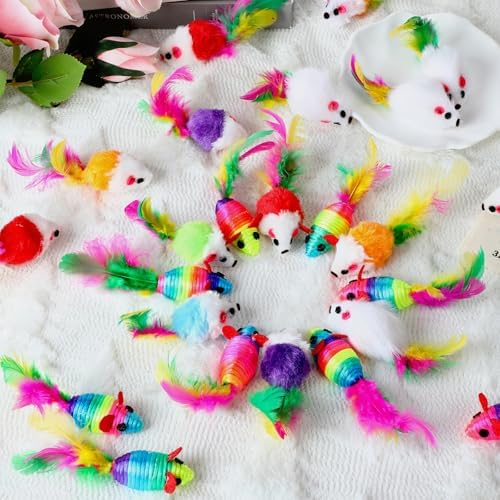 100 Pcs Furry Cat Toys Mice Bulk Rattle Sound Rainbow Mouse with Fuzzy Toys for Indoor Kitten Small Mouse Interactive Catch Play Assorted Color