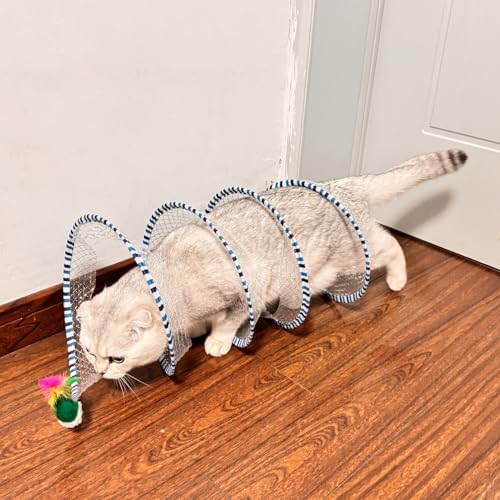 2-Pack Large Cat Tunnel Beds - Indoor & Outdoor,Kitten Collapsible Spring Tunnel Toy with Feather and Bell,Interactive Spring Toys for Cats & Kittens（Yellow and Blue）