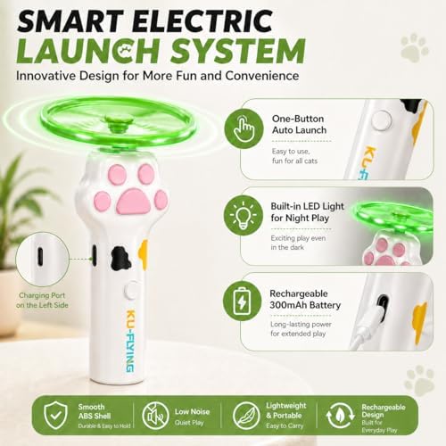 Cat Fetch Toy, Electric Cat Disc Launcher Toy with 8 Flying Spinners, Interactive Cat Toy for Indoor Cats and Bored Kittens, Bendable Discs, Rechargeable Paw Design（White）