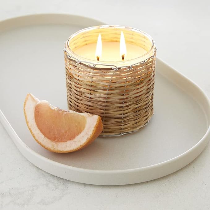 Grapefruit Pomelo Scented Candle – 12oz Luxury Soy Wax, 2-Wick in Handwoven Glass Jar, Sweet Grapefruit, Juicy Peach, Mint and Cassis Buds - 75+ Hour Clean Burn, Made in USA