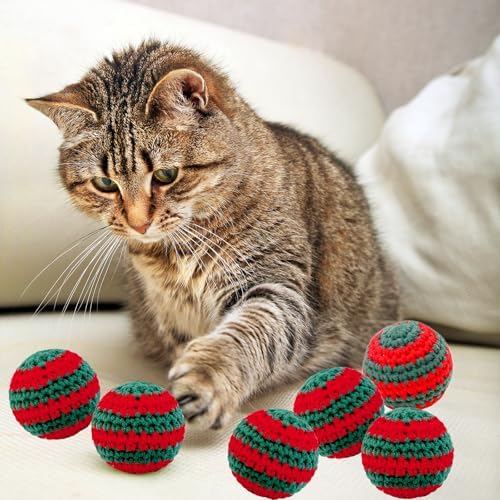 Christmas Cats Ball Toy with Bell Inside, 6Pcs Hand-Made Knitted Woolen Yarn Cat Toys Jingle Bell Balls, Indoor Kitten Interactive Toys for Hunting/Kicking/Chasing Woolen
