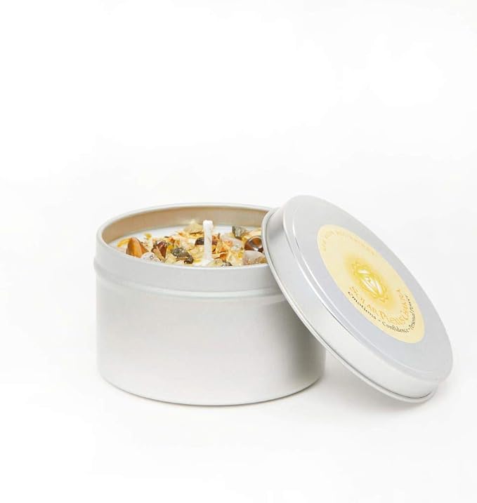 Solar Plexus Chakra Candle by New Moon Beginnings - Chakra Candles - Dried Flower, Herb, & Crystal Candles - Aromatherapy Candles - Soy Candle - 8oz Tin