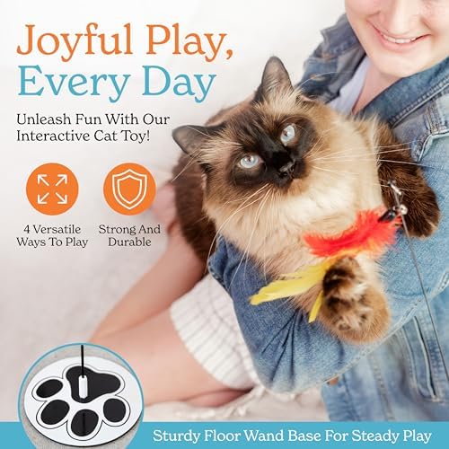Interactive Cat Toys for Indoor Cats - 6 Feathers 3 Worms Double Sided Suction Cup - Round Base Teaser Wand - Self Play Bird Hunting - Bored Adult Feline Solo Activity - Kitten Juguetes para Gatos