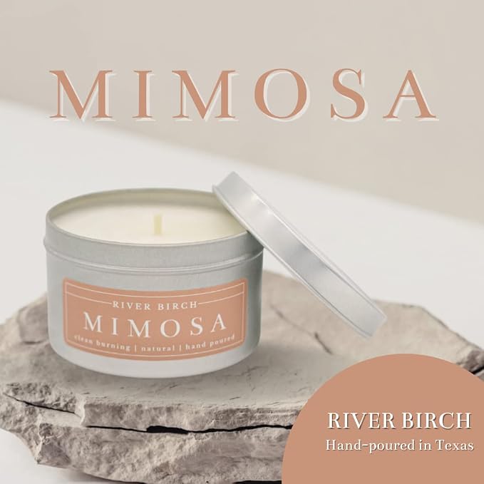 River Birch Premium, All-Natural, Non-Toxic Soy Candle | Mimosa Scented | 8 oz. Silver Tin Travel Candle | Cozy Relaxing Gifts for Home