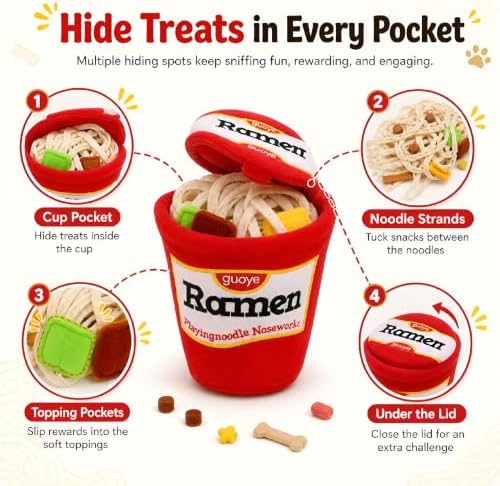 Ramen Cup Dog Toy, Interactive Dog Puzzle Toy, Hide and Seek Snuffle Game, Treat Dispensing Plush Noodle Cup, Nose Work, Food Hiding, Crinkle Toy and Dog Enrichment Game for Small and Medium Dogs