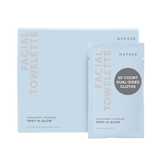 NuFACE Prep-N-Glow Facial Towelettes - 2-in-1 Exfoliating + Cleansing Makeup Remover Wipes, Hyaluronic Acid Travel Face Wipes to Hydrate & Brighten for Glowing Skin - 20 Individually Wrapped Cloths
