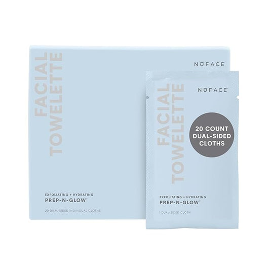 NuFACE Prep-N-Glow Facial Towelettes - 2-in-1 Exfoliating + Cleansing Makeup Remover Wipes, Hyaluronic Acid Travel Face Wipes to Hydrate & Brighten for Glowing Skin - 20 Individually Wrapped Cloths