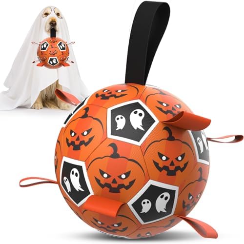 Diman Halloween Dog Toys, 7 Inch Dog Balls, Dog Soccer Ball with Straps