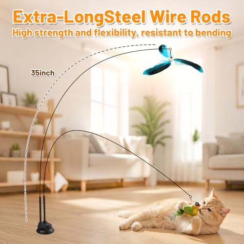 Interactive Suction Cup Cat Teaser Wand, Cat Toy with Simulated Bird & Spinning Feather Attachments, Strong Suction Base & Long Steel Wire for Kitten Self-Entertainment (Detachable)