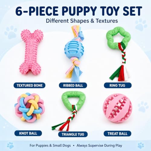 Puppy Chew Toys, 6 Pack Puppy Teething Toys for Small Breed, Soft Rubber Cute Multi Dog Toys, Eco-Friendly, Teeth Cleaning Interactive for Small Dogs (Basket not Included)